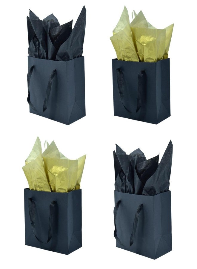 JUNESHE 4 Pack Small Black Gift Bags with Tissue Paper,6.3 inch Mini Tiny Little Paper Bag for Birthday Party Favors Baby Bridal Shower Shopping Presents Wedding - Image 1